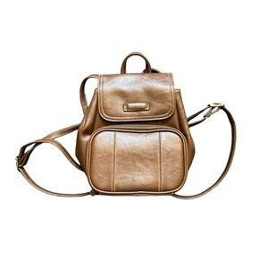 Leather Mini Backpack Cute Cognac Brown Adjustable Straps Small Travel Pack Bag